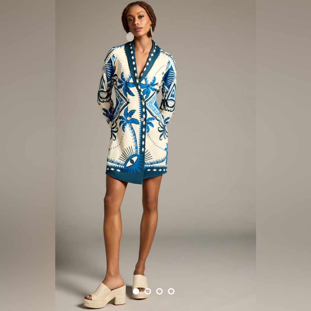 Farm Rio Long-Sleeve Blazer Dress size L in Blue